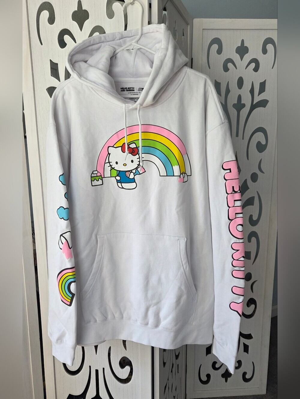 Hello Kitty Rainbow White Hoodie Mens Large NWOT HLZBLZ Sanrio Streetwear Pullov